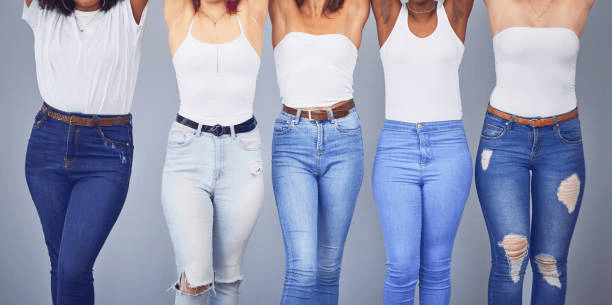 Stylish women showcasing various jeans in different styles from the Bottoms.w. collection for all occasions.