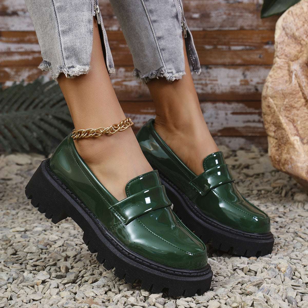 Plus Size British Style Slip-on Thick Bottom Chunky Heel Stylish Loafers