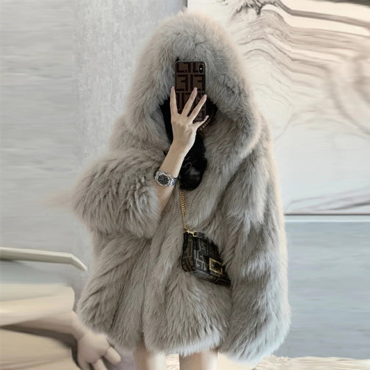 Fashion Hooded Artificial Fox Fur Coat - Padded & Young