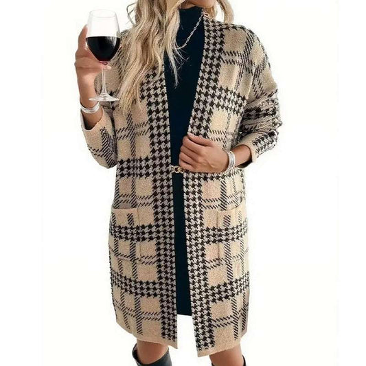 Women's Houndstooth Knitted Long Knitted Jacket
