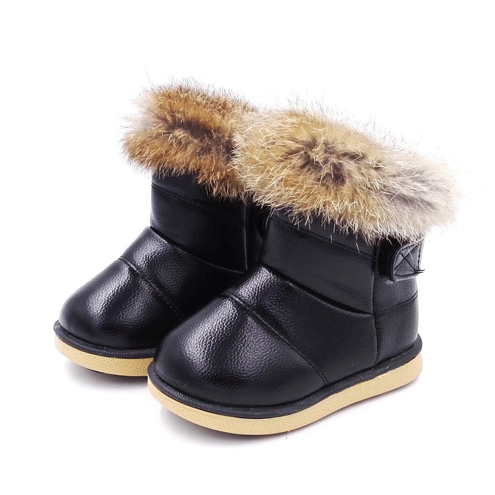 Children's Soft Bottom Baby Girl Thickened Real Rabbit Fur Snow Cotton Boots
