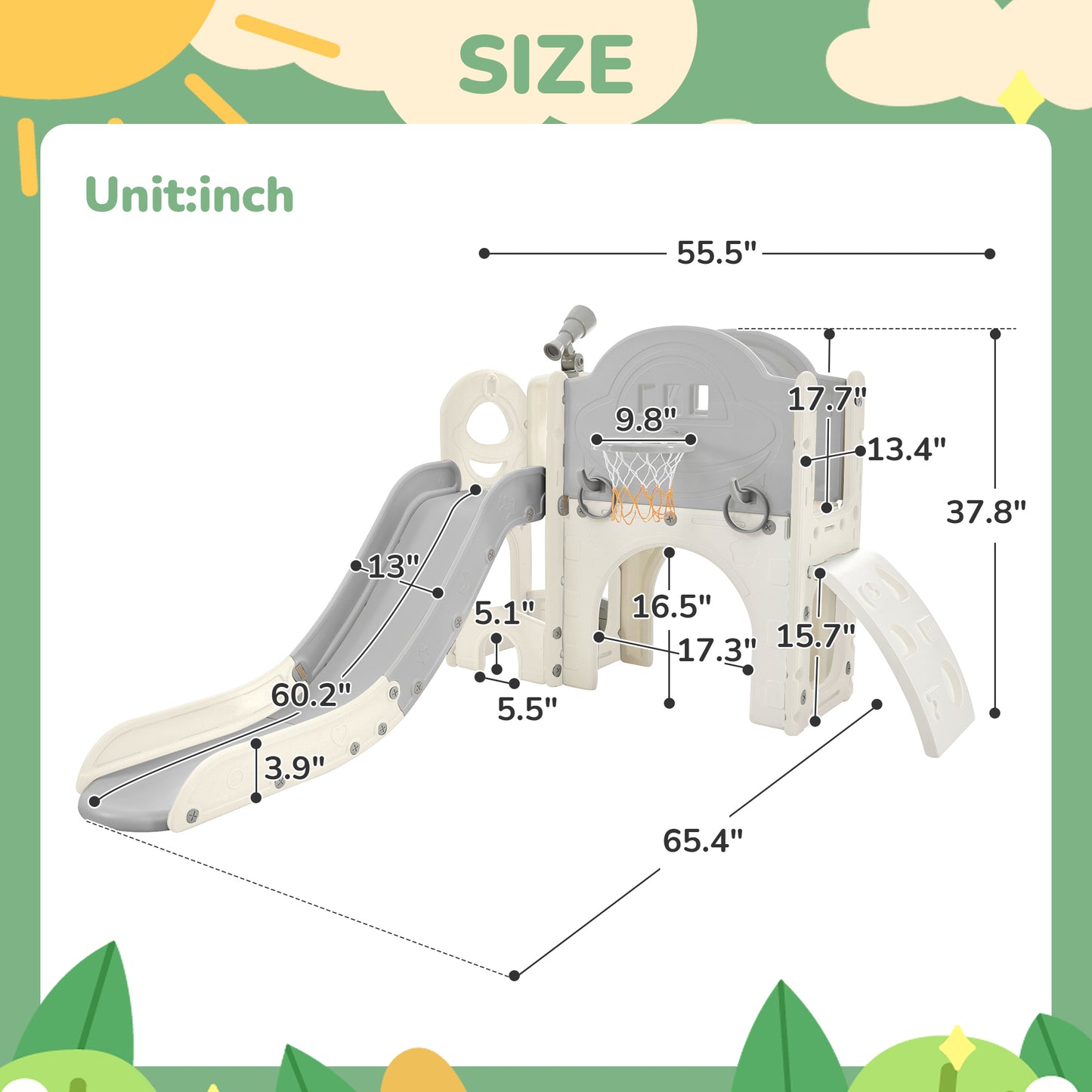 Kids Slide Playset Structure 7 in 1, Freestanding Spaceship Set with Slide, Arch Tunnel Grey+White + HDPE - Ectron Online