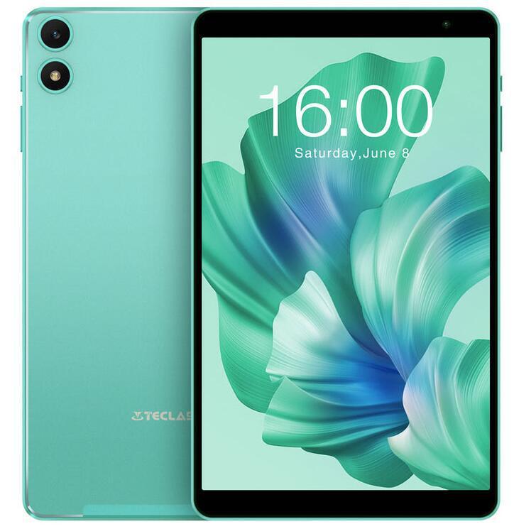 An 8-inch green Android 13 tablet showcasing the front screen display and rear camera, alongside images depicting the side and front views of the device.