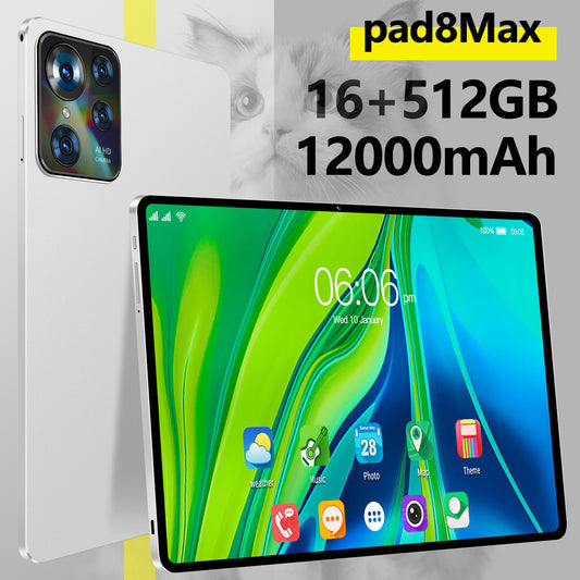 Tablet with screen displaying apps and specifications text on a gray background