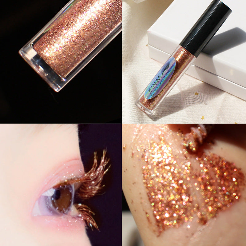 Collage of a glittery makeup product with close-up shots on skin and eye.