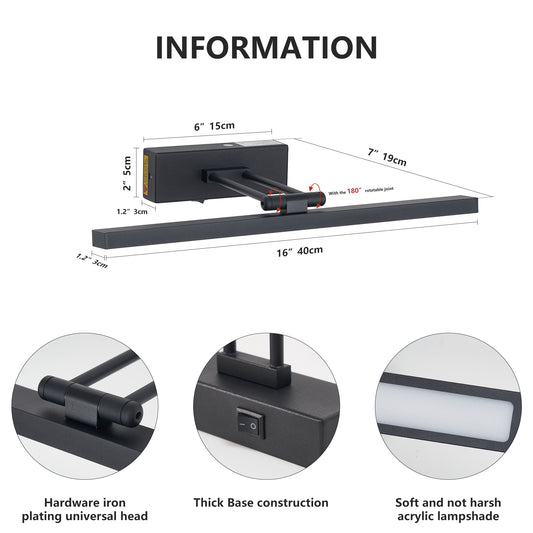 Rechargeable LED Picture Light with Remote - 16" Black Art Light