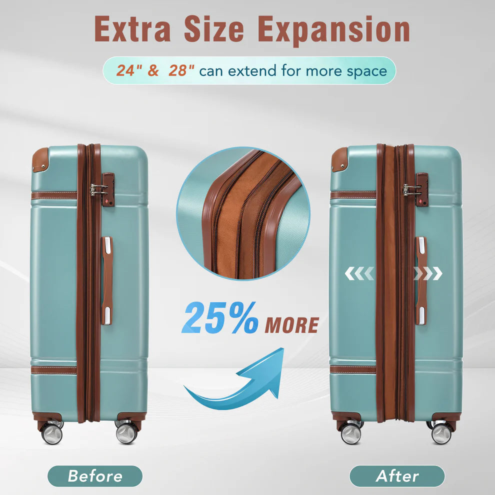 Hardshell Luggage Sets 3 Pieces 20"+28" Luggages and Cosmetic Case Spinner Suitcase with TSA Lock Lightweight,Green - Ectron Online