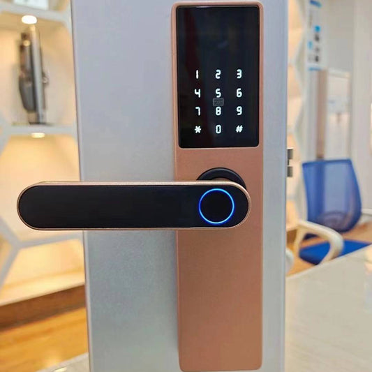 Rose gold smart fingerprint door lock with keypad and glowing finger scanner ring