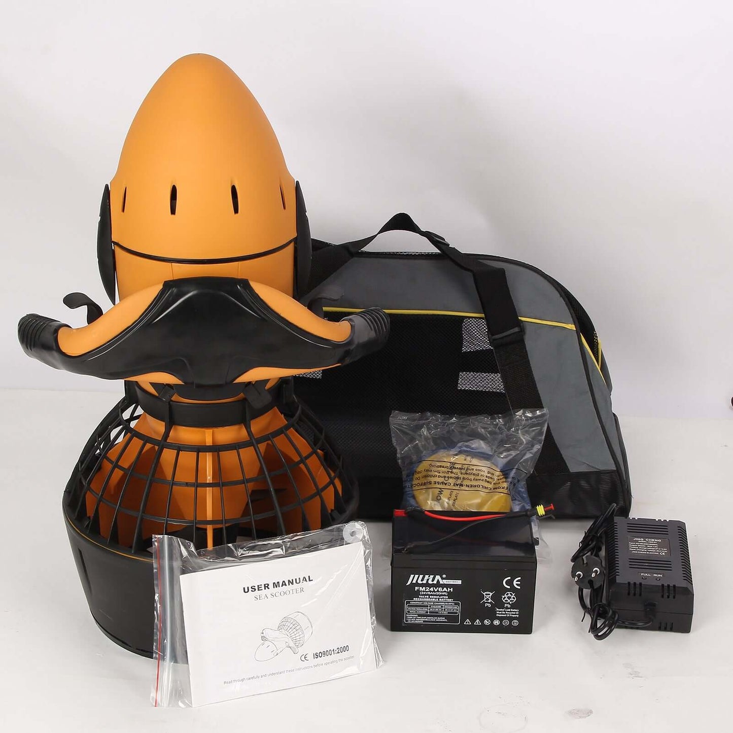 Electric Water Scooter for Swimming & Surfing kit with scooter, battery, charger, and user manual.