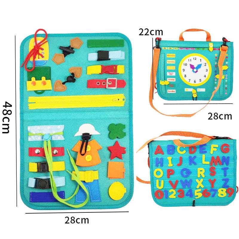 Educational toy with various shapes and letters, dimensions shown.