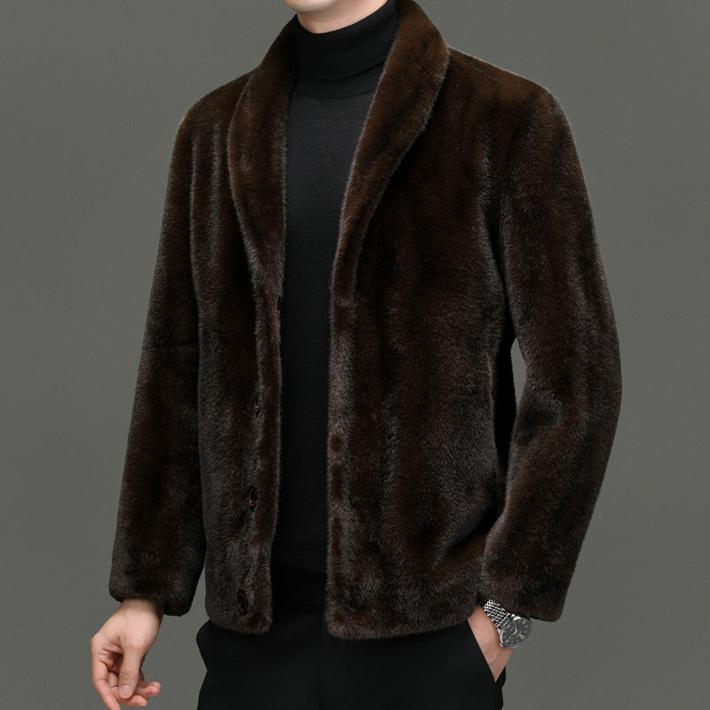Reversible padded coat in brown with button-front, stand collar, and side view