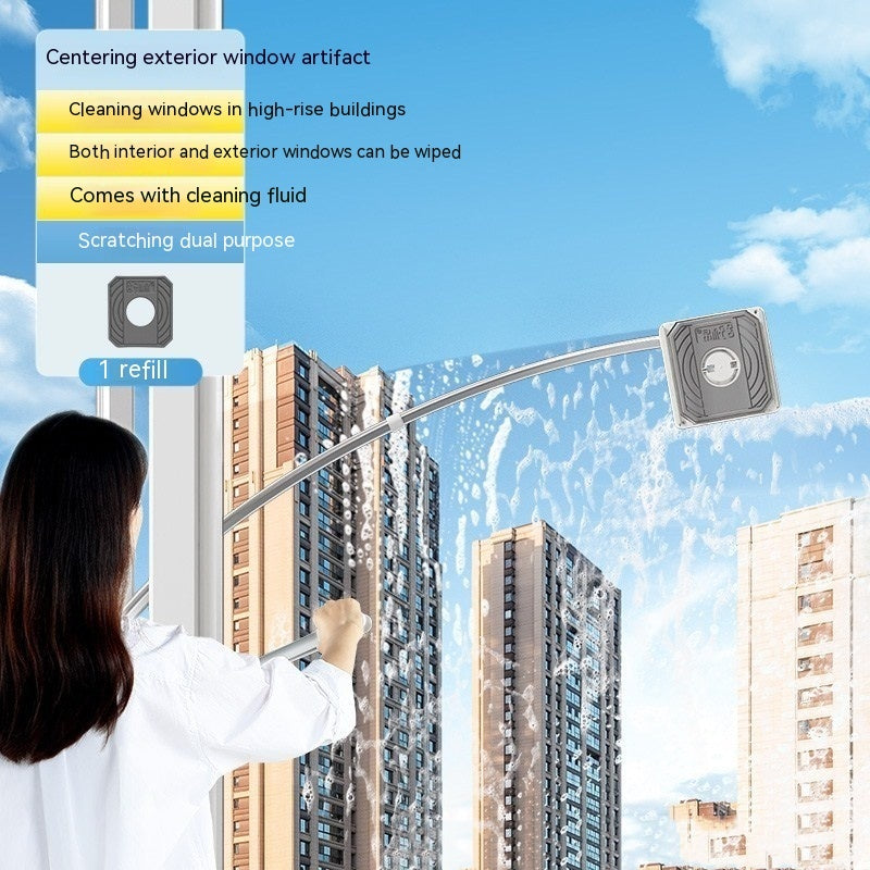 Person cleaning windows of high-rise buildings with a window cleaning tool against a blue sky.