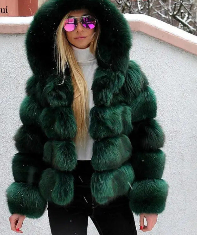 Women's Minimalist Patchwork Fur Jacket | Hooded Faux Fur Grass Coat