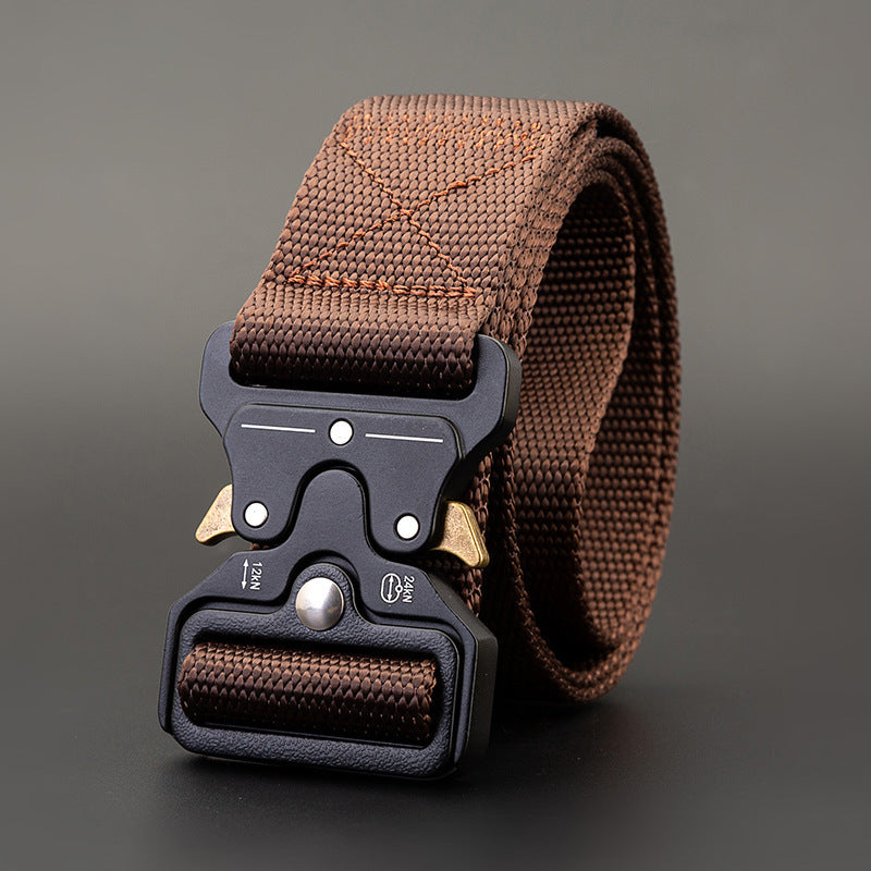 Men's Outdoor Nylon Elastic Buckle Belt Work Clothes Belt in brown with secure buckle and durable design.
