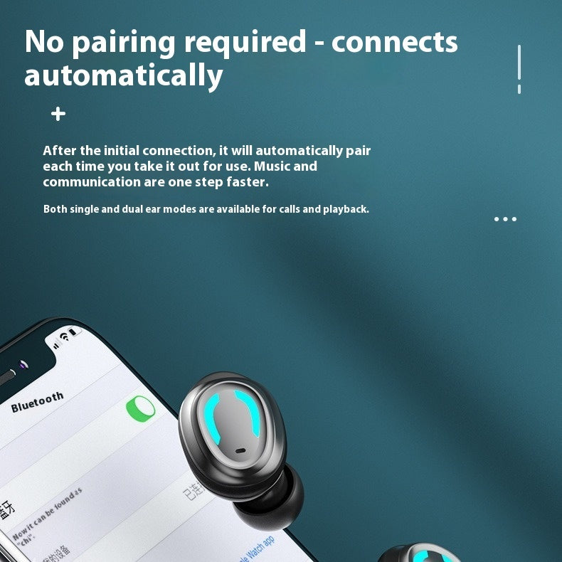 Wireless earbuds with smartphone showing Bluetooth connection on a blue background