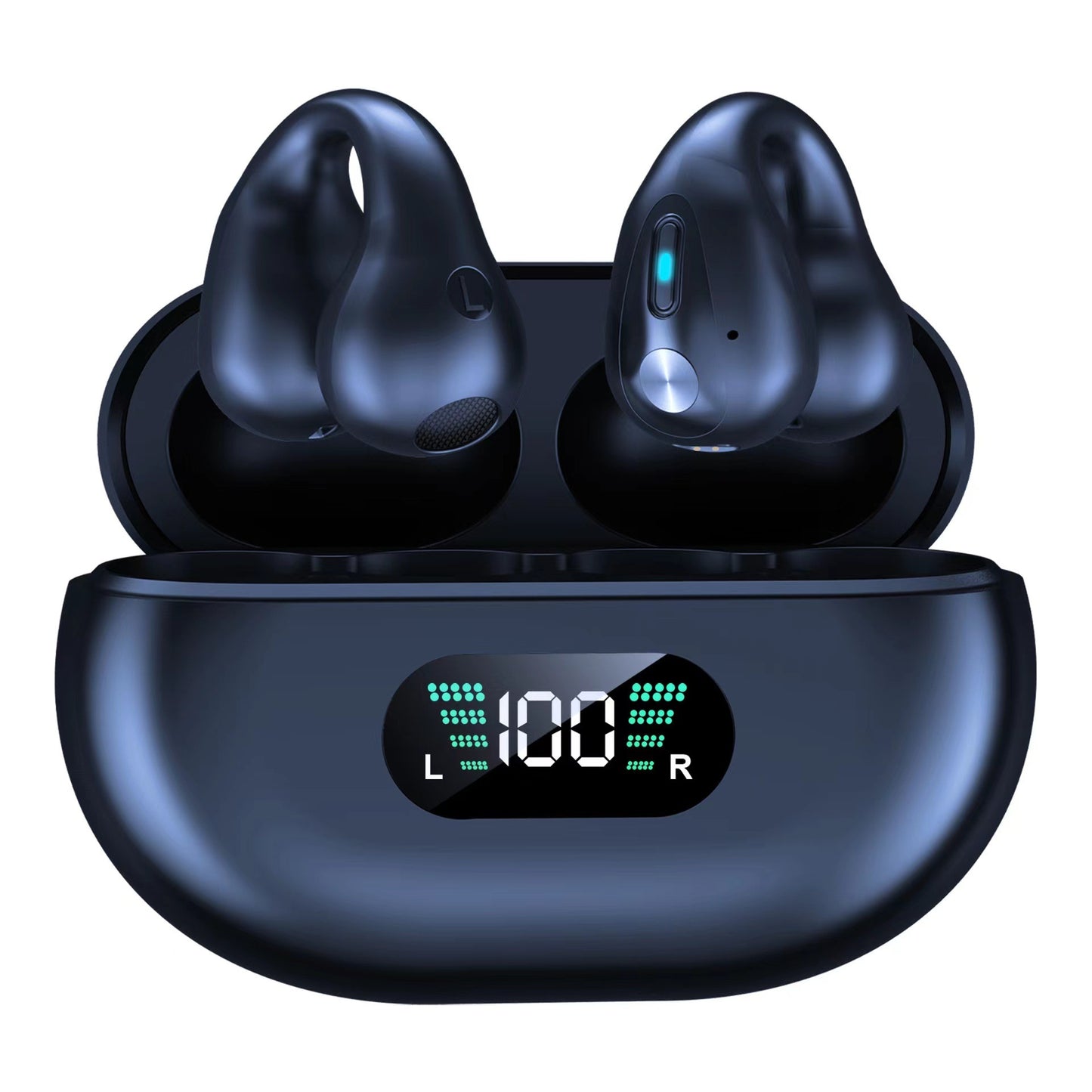 Black wireless earbuds with charging case on a white background