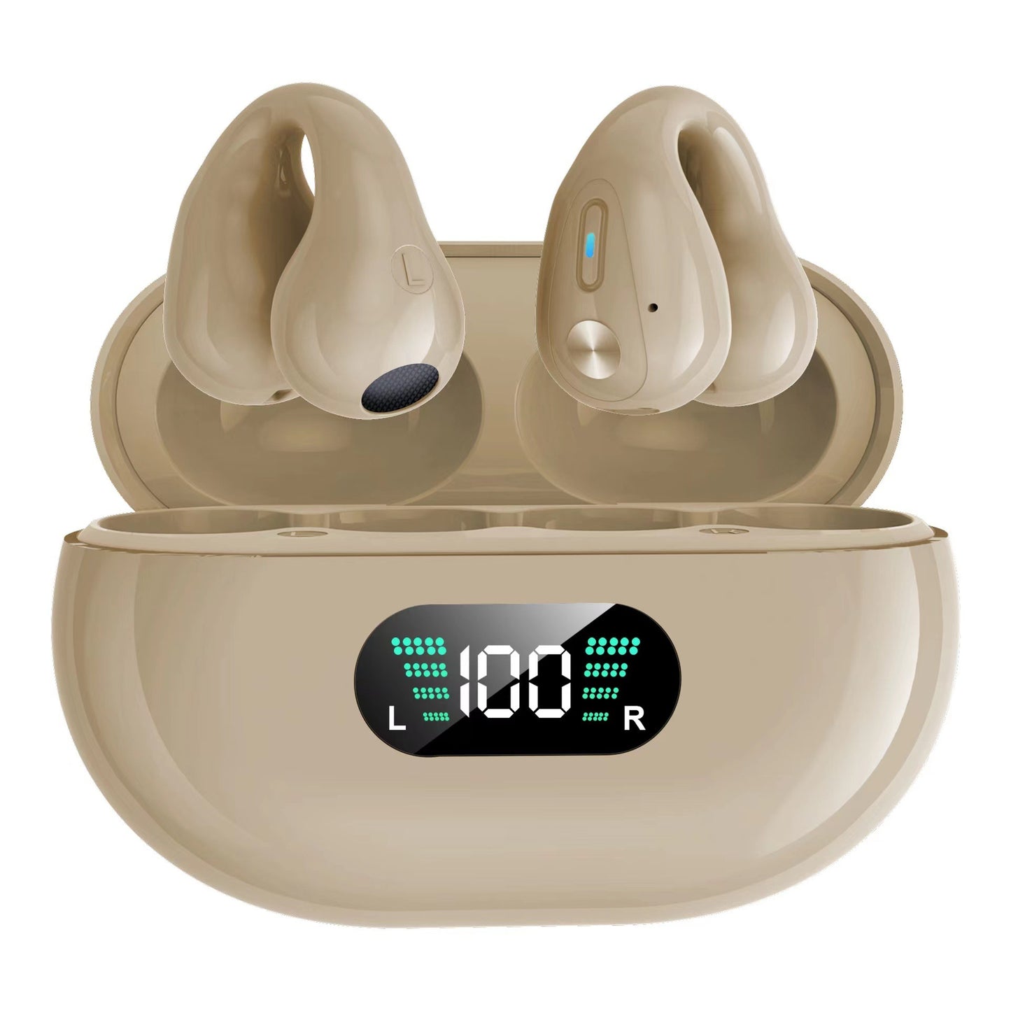 Beige wireless earbuds with charging case on a white background