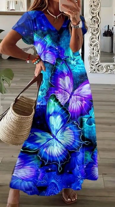 Plus Size Butterfly Print V Neck Dress - Flattering & Comfortable - Perfect For Spring & Summer - Stylish Casual Wear For Curvy Women