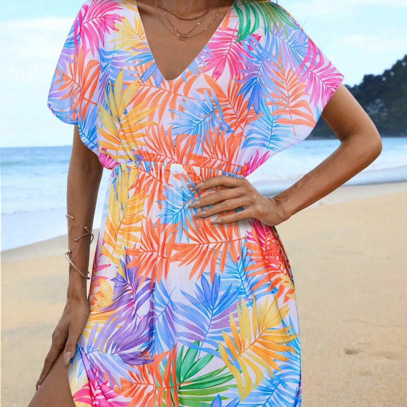 Swim Lushoire Summer Beach Tropical Print Batwing Sleeve Dress
