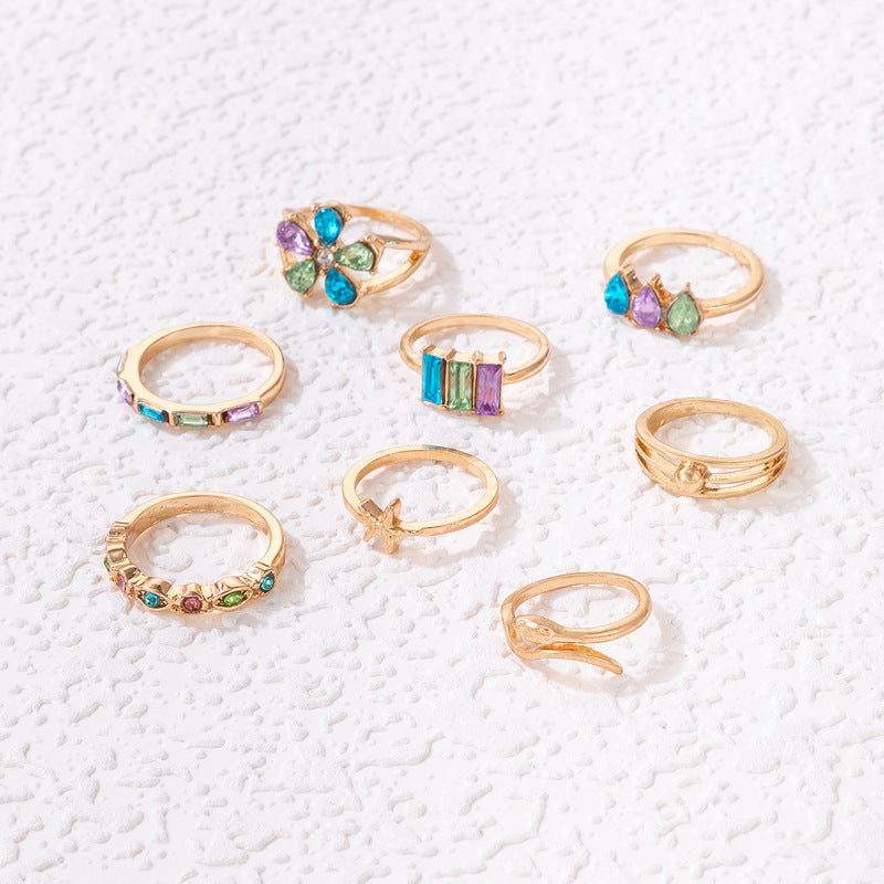 Colorful Crystals Flower Geometric Snake Shaped Scallop Eight-piece Set Ring