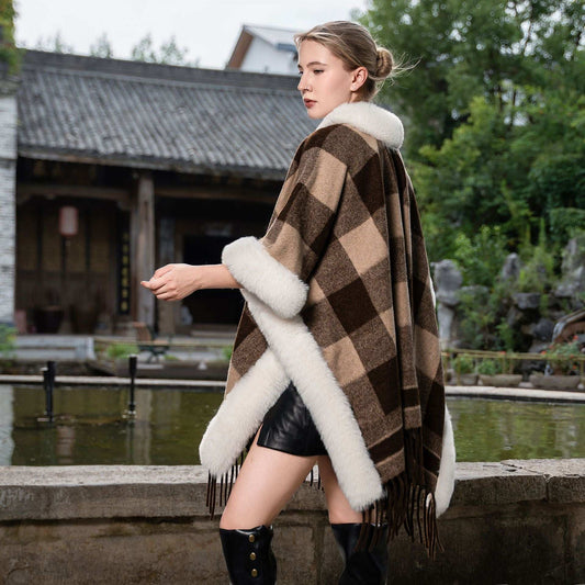 New Plus Size Cloak Hooded Fleece-lined Thickened Fur Shawl Loose Versatile Coat