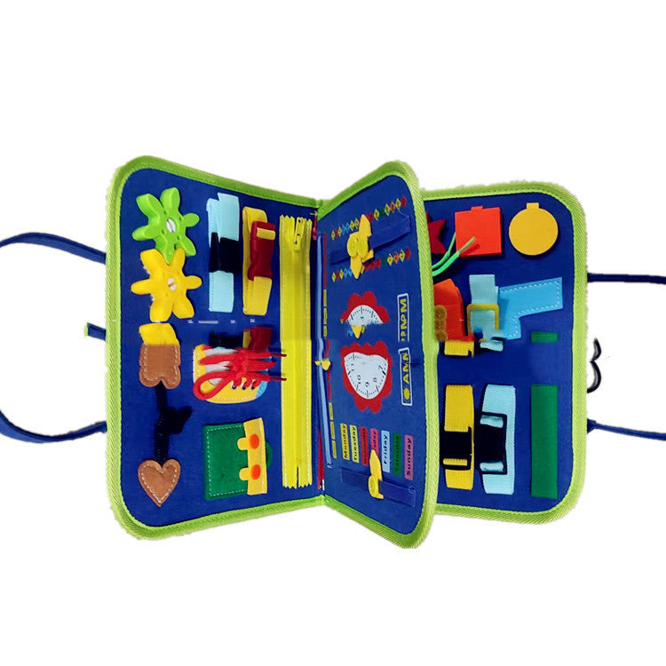 Open children's activity book with colorful soft toys on a white background