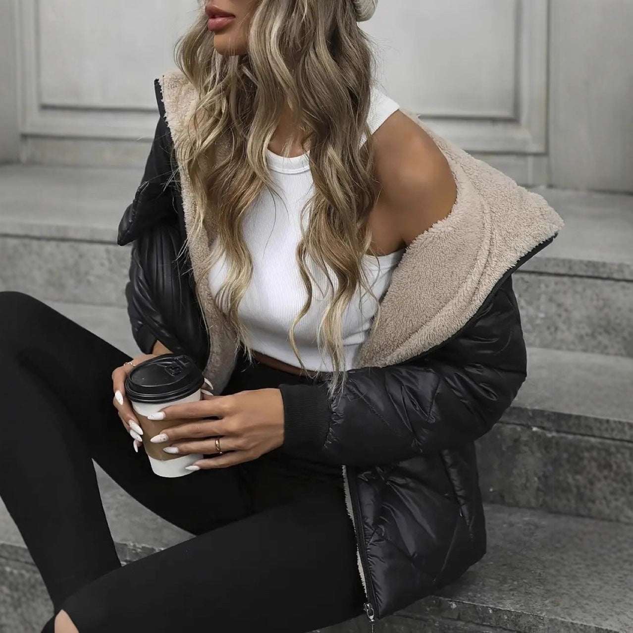 Woman sitting on steps wearing a black puffer jacket with beige lining, holding a coffee cup.