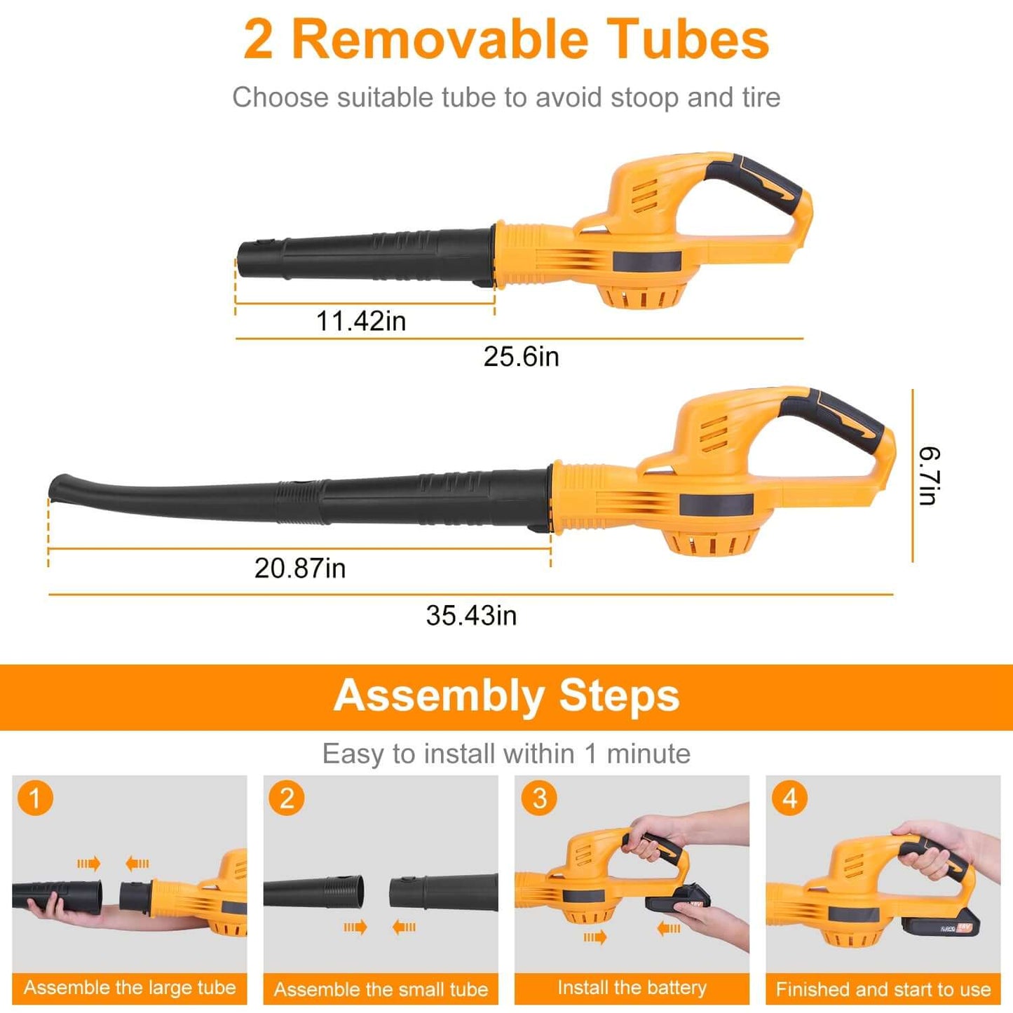 Cordless leaf blower with two removable tubes and labeled length measurements