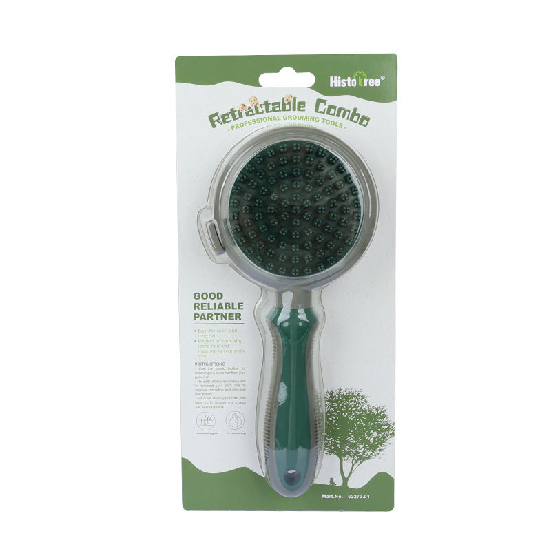 Self-cleaning slicker brush in green retail package with dark gray pin head