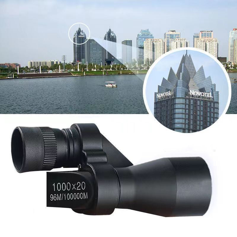 Binoculars with a cityscape background featuring a Novotel hotel.