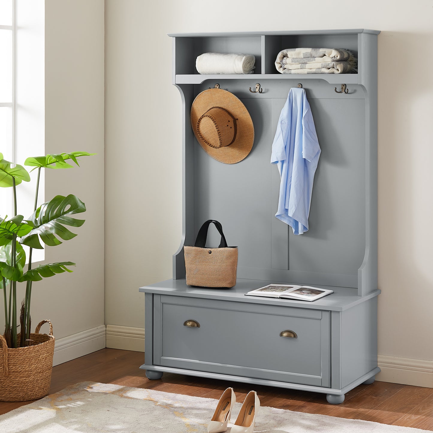 Modern Hall Tree with Shoe Bench & Coat Hooks - 40" Gray Entryway