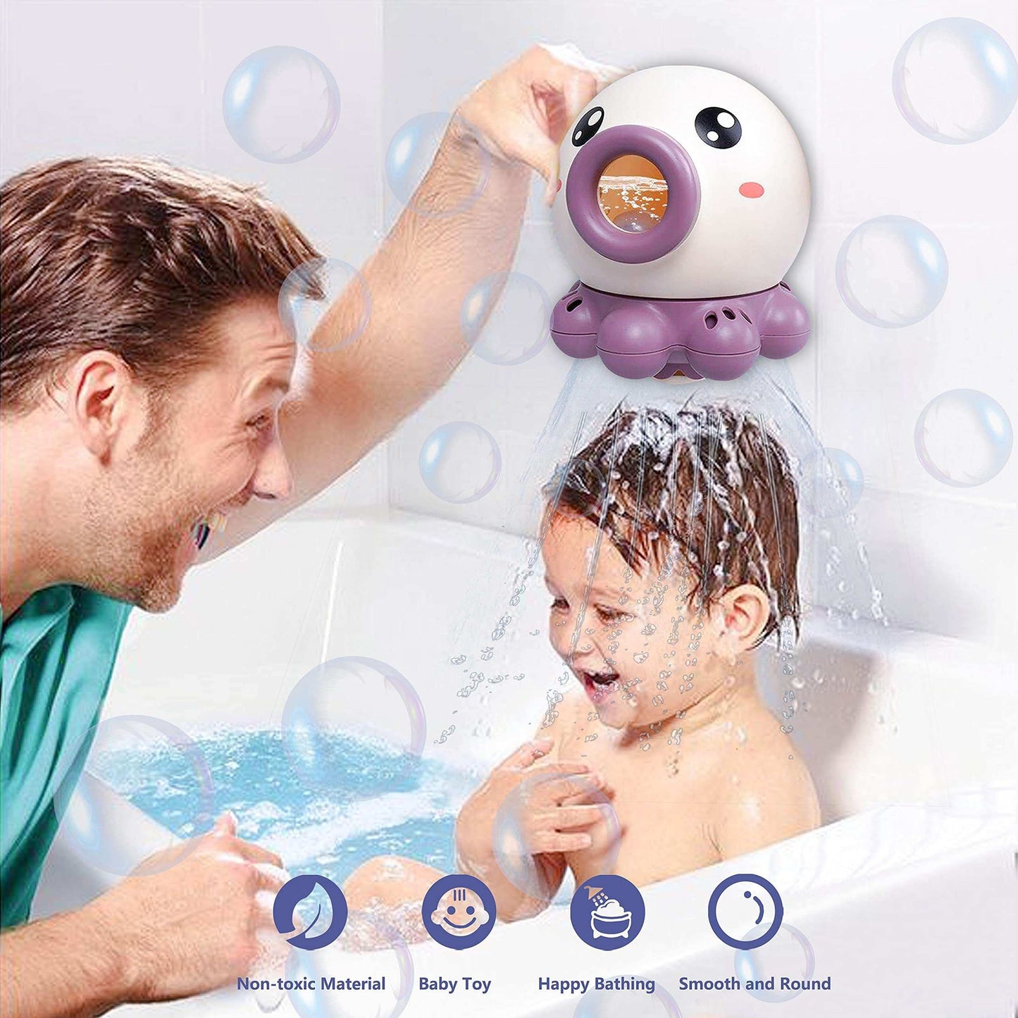 Man and child in a bath with a purple and white toy duck, surrounded by bubbles.