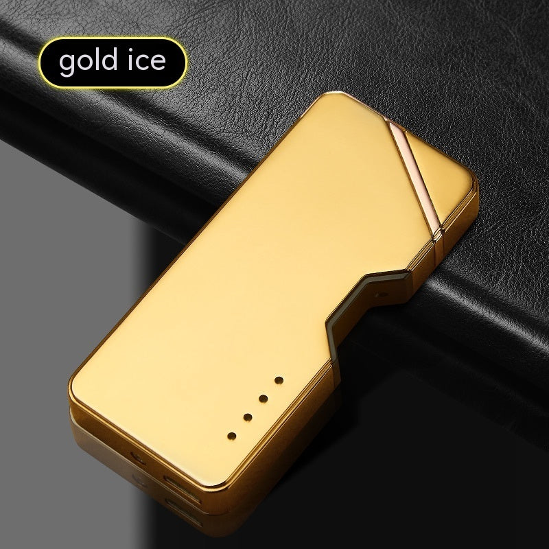 Gold lighter on a black leather surface with 'gold ice' text above.