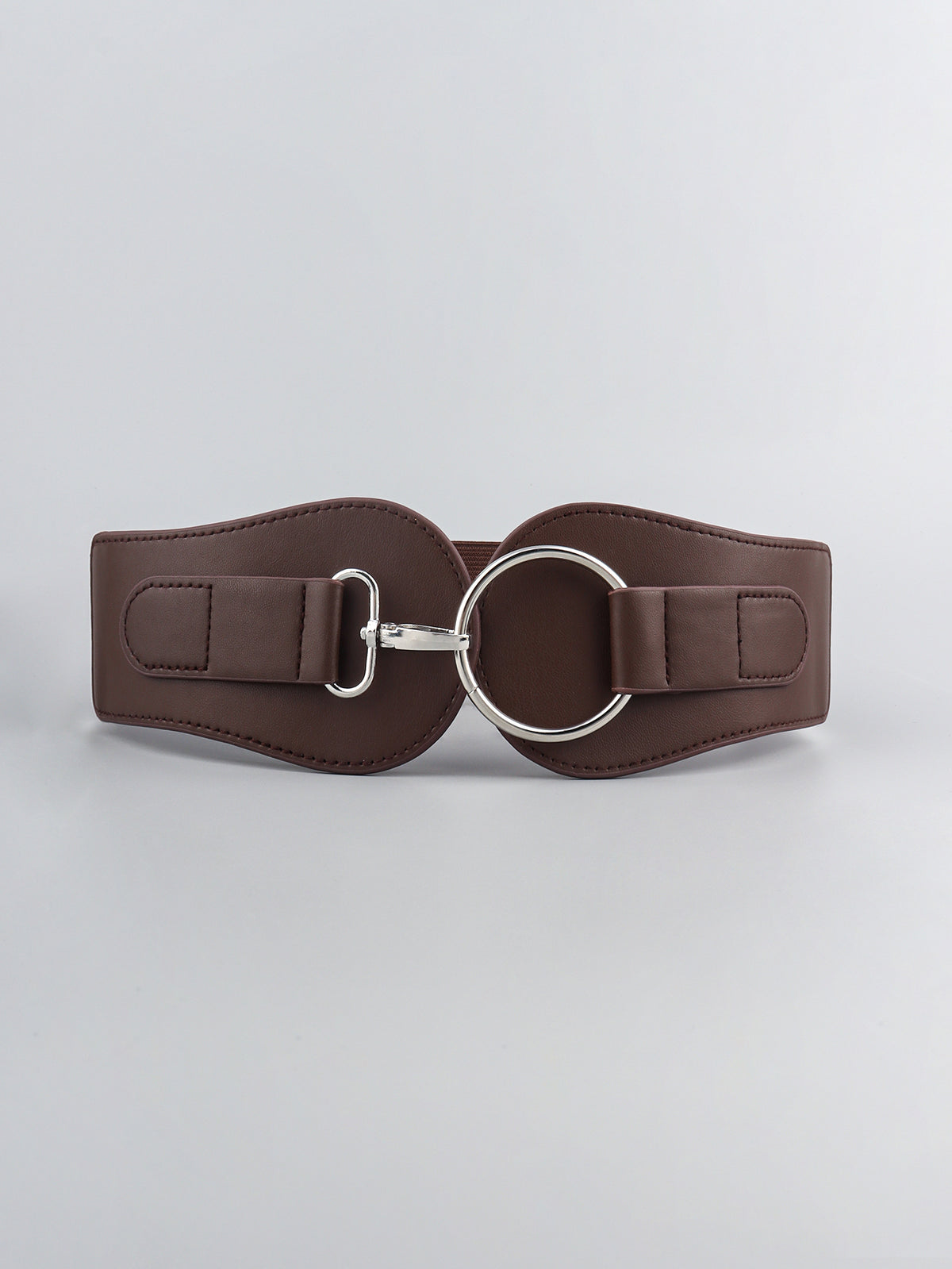 Wide PU elastic belt in dark brown, close-up of oval ring buckle and end tabs