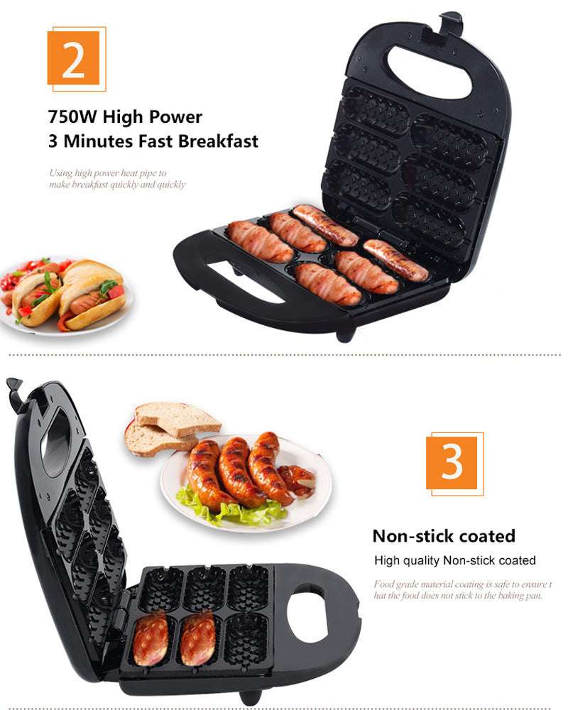 Black corn dog maker with open non-stick plates and sausages, compact tabletop design