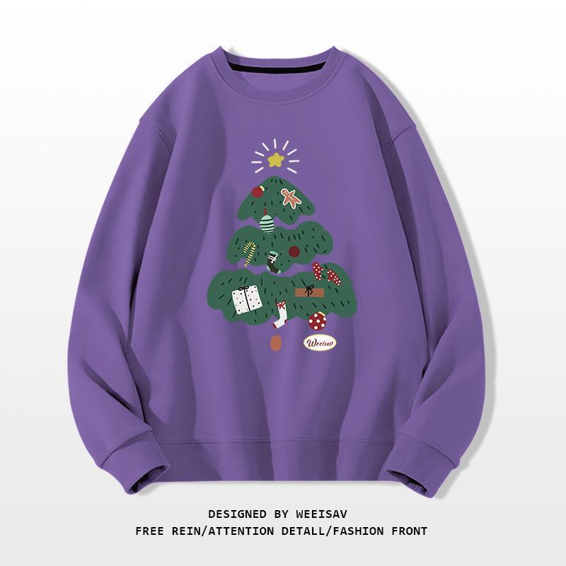Purple sweatshirt with a green Christmas tree design on a white background