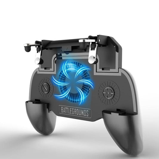 Gaming phone holder with blue cooling fan on a white background
