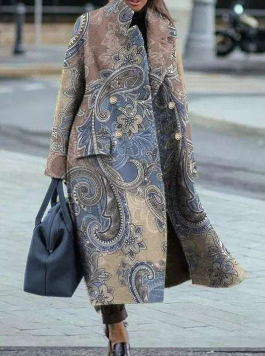 Long Wool Coat With Printed Patterns, Figure-hugging, Professional, With Pockets, Notched Collar, Loose Fit