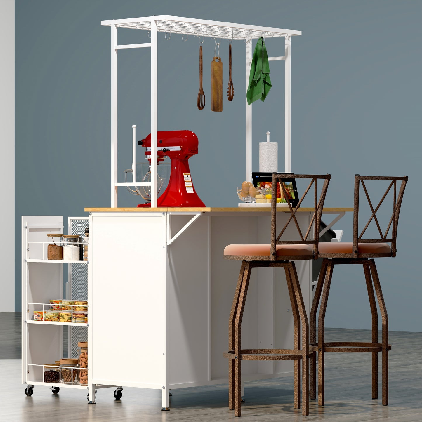 White Kitchen Island with Flip-Up Breakfast Bar and Storage Drawers