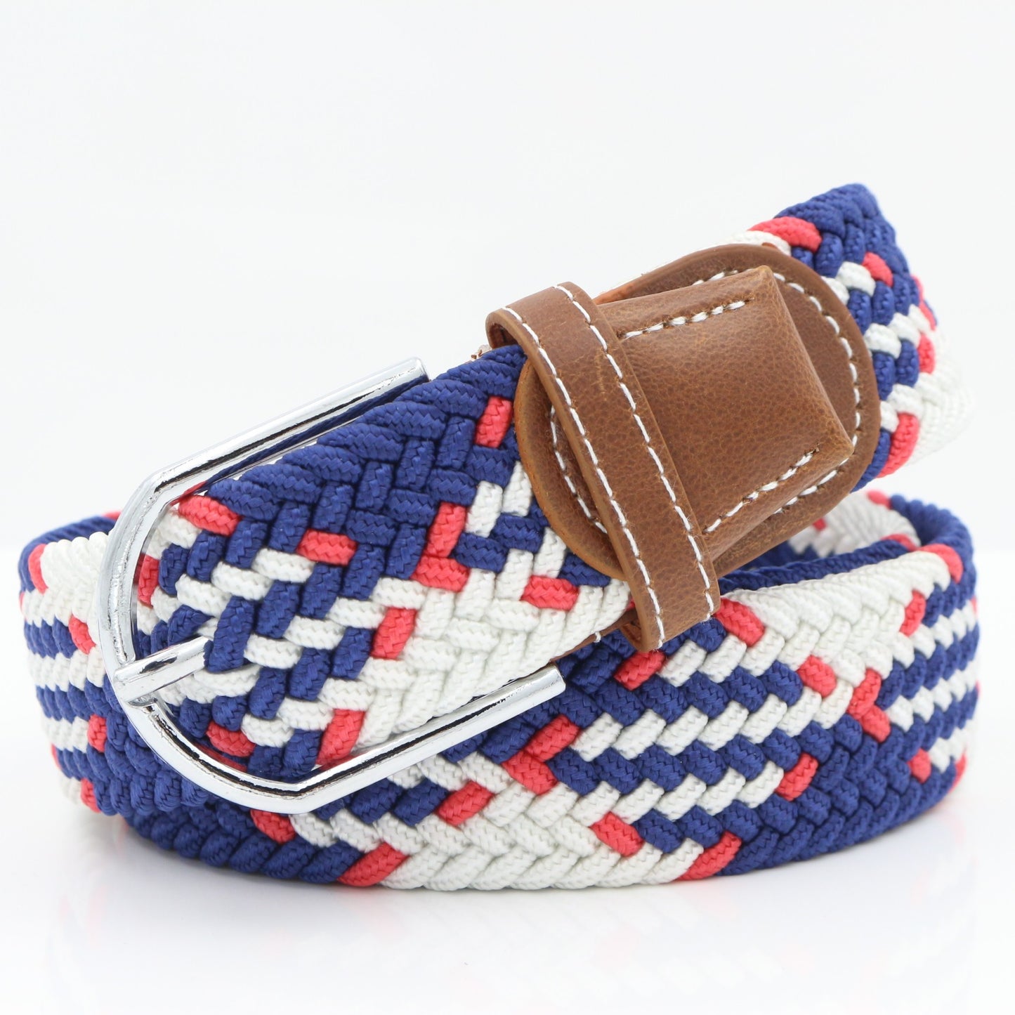 Simple Stretch And Breathable Canvas Woven Belt featuring a woven design in blue, cream, and red with a buckle.