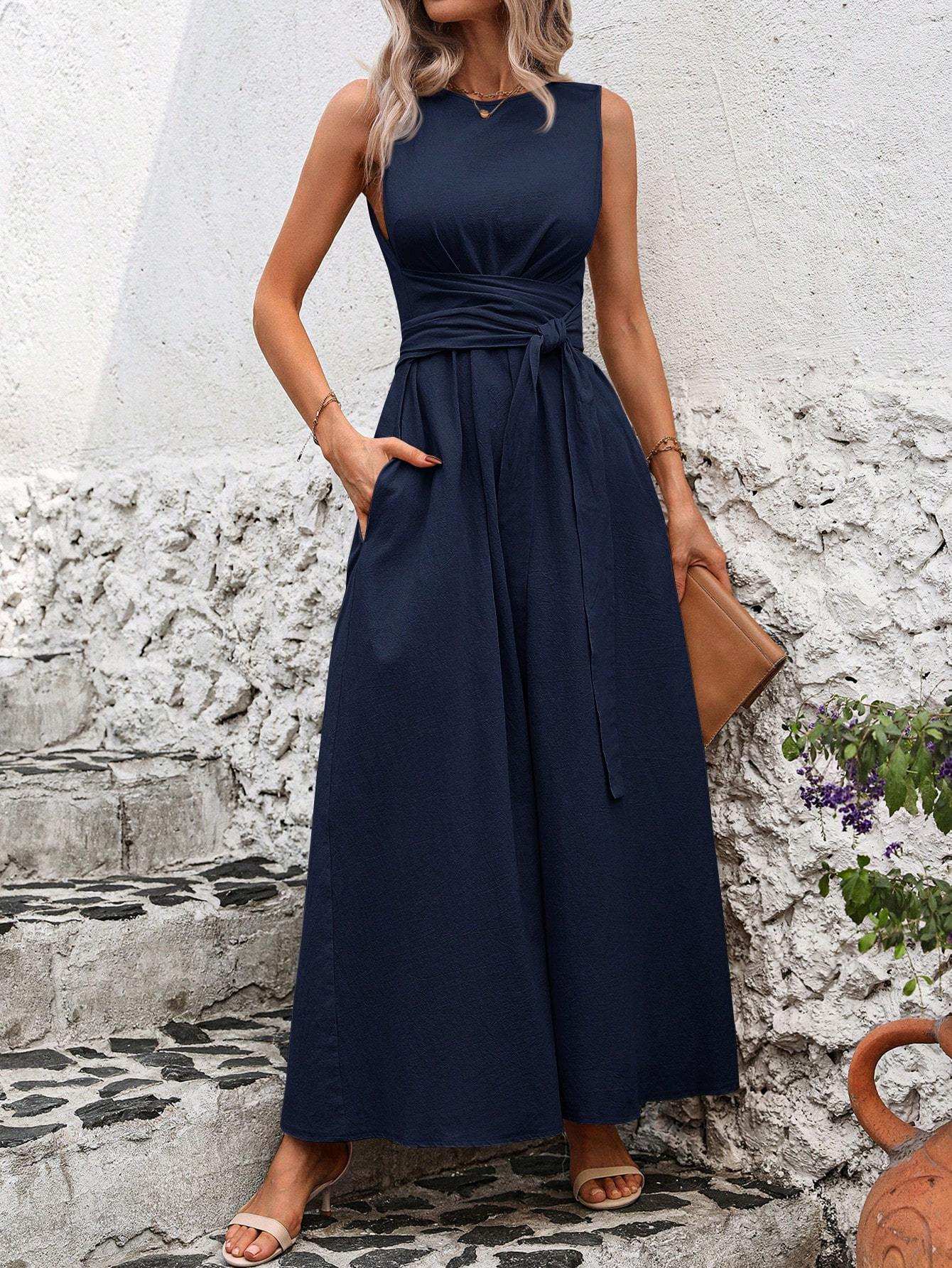 Women's Casual Solid Color Round Neck Twist Waist Sleeveless Loose Commuter Dress