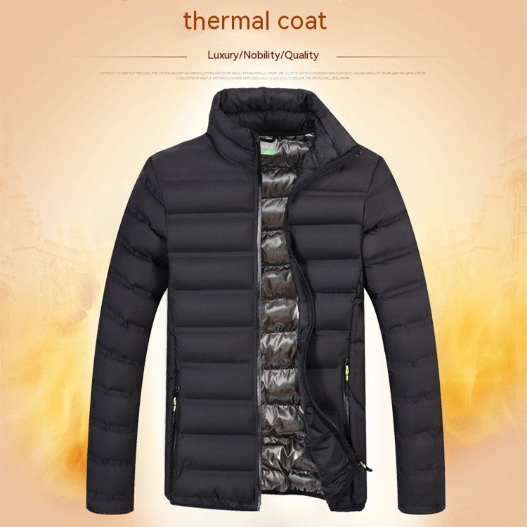 Black padded stand-collar jacket with front zipper and quilted insulation