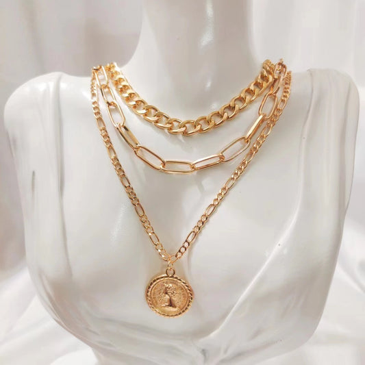 Fashionable All-match Alloy Multi-layer Beauty Head Pendant Necklace