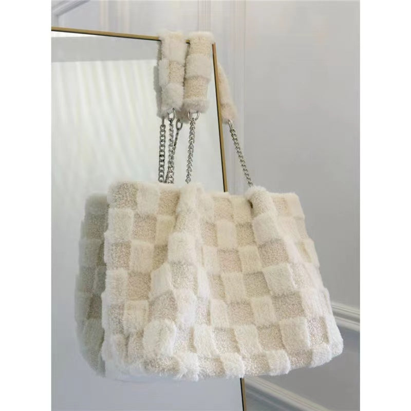 White Plush One Shoulder Bag Casual Tote Bag Shopper Bags | Ectron Online