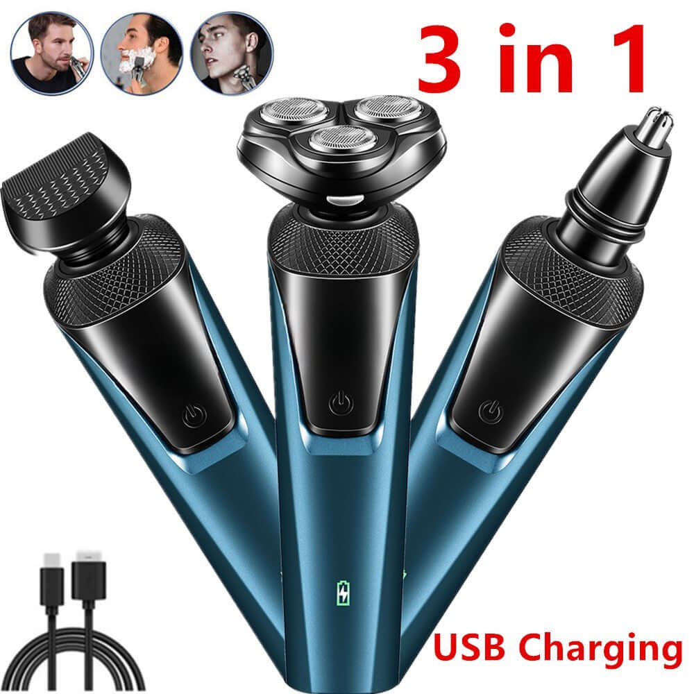 Electric beard and nose trimmer with blue and gray bodies, three-head shaver and charging cable