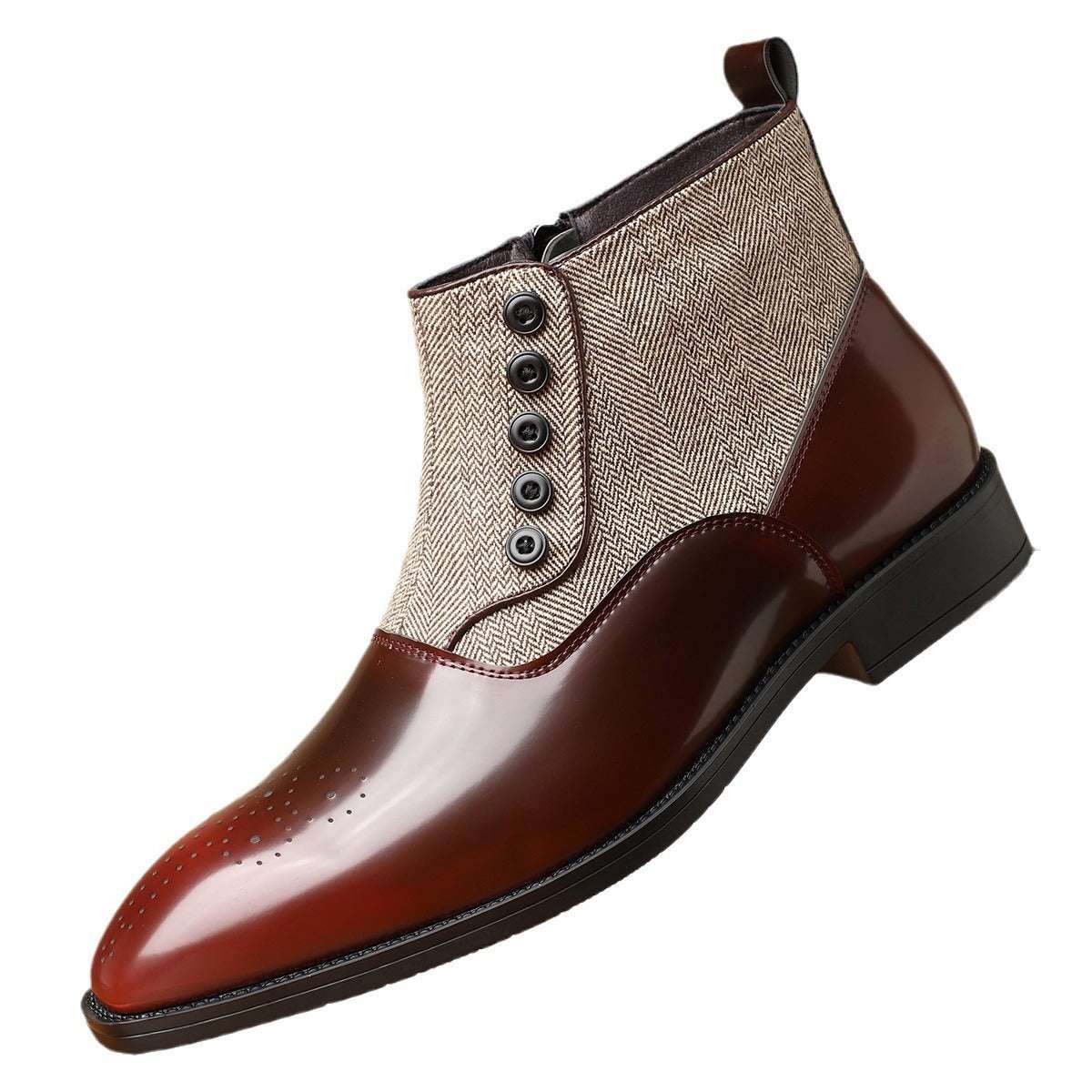 Brown leather ankle boot with herringbone pattern on a white background