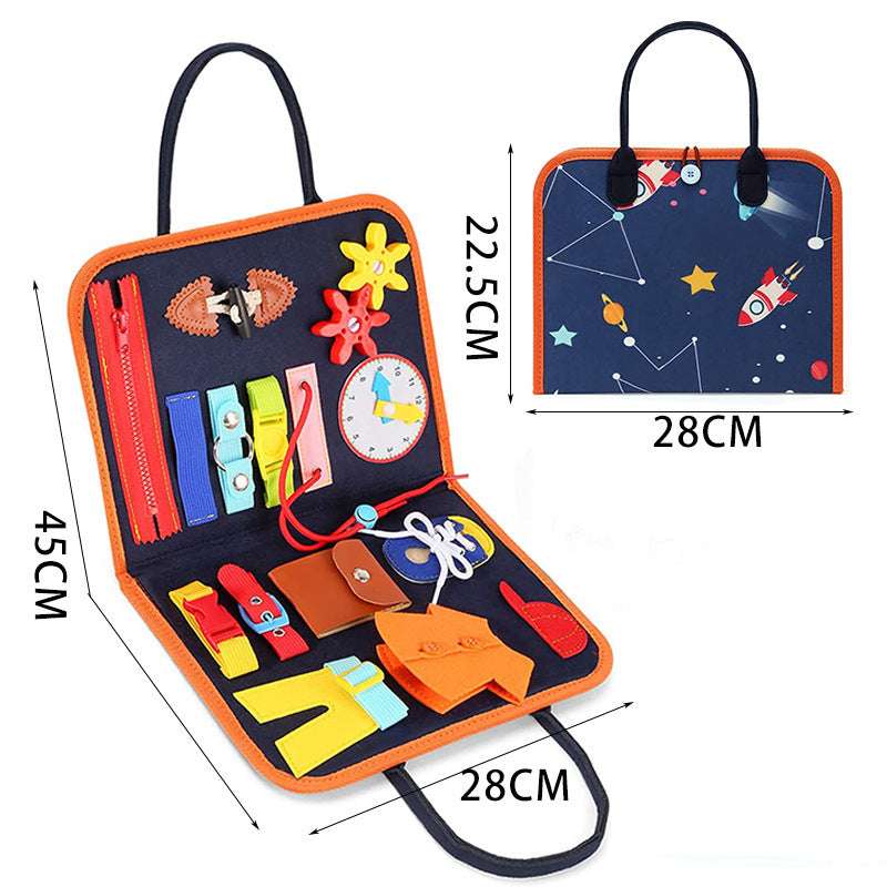 Children's craft kit with various items and dimensions displayed