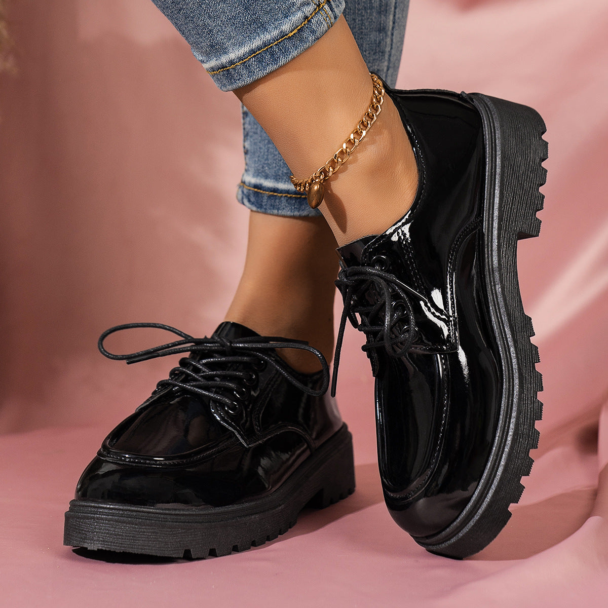 Retro Big Toe Lace-up Small Leather Shoes Women's Thick Sole Height Increasing