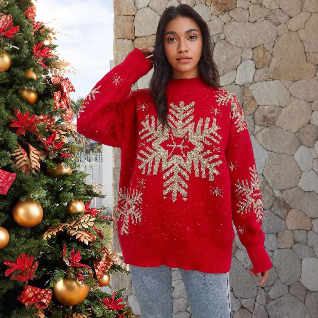 Women's Sweater Gold Thread Snowflake Half Turtleneck Jacquard Loose-fitting