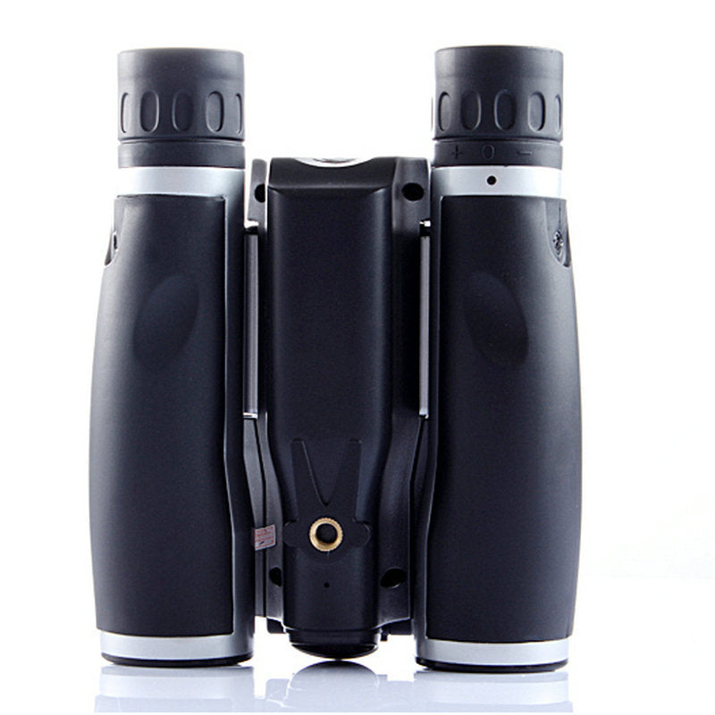 Black binoculars with a carrying case on a white background